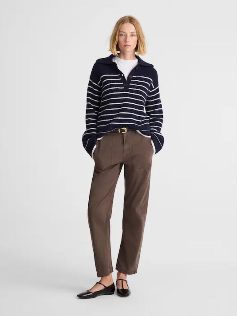 Madewell Navy & White Striped Polo-Style Pullover